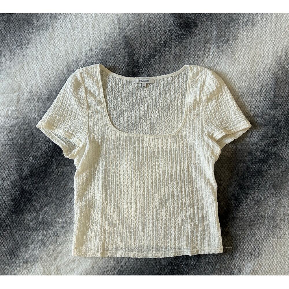 Madewell Popcorn White Square Neckline Ribbed Cropped Cap Sleeve Top Size Large